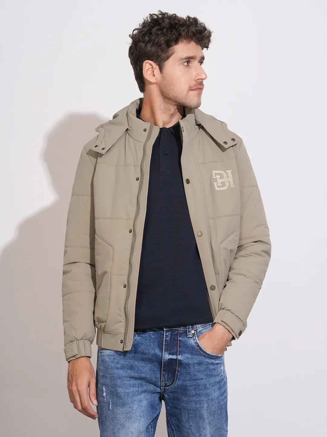 Beige Regular Fit Long Sleeves Polyester Men's Jacket by Being Human Clothing