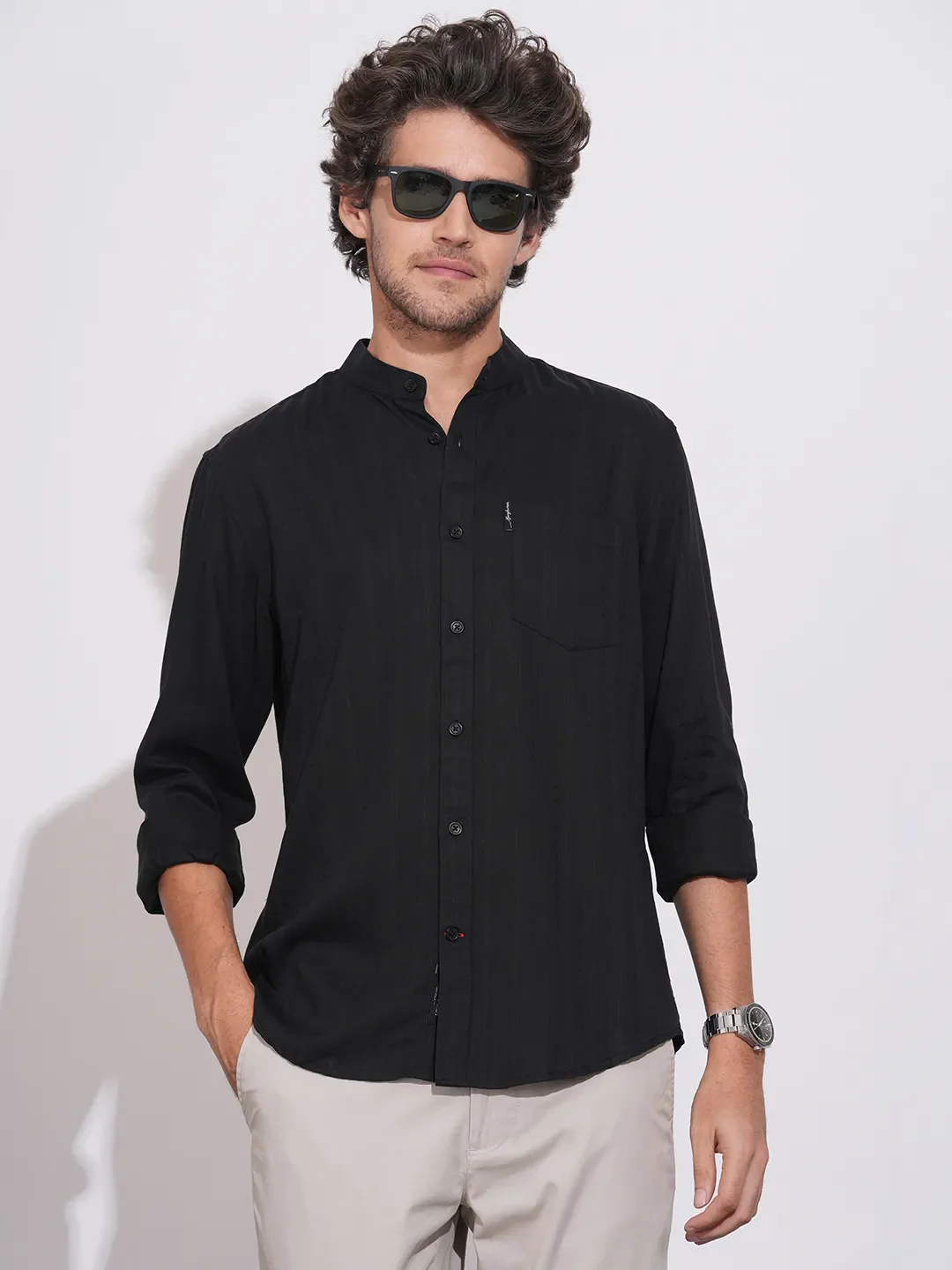 Black Moderno Fit Regular Collar Long Sleeves Tencil Men's Shirt by Being Human Clothing - Image 6