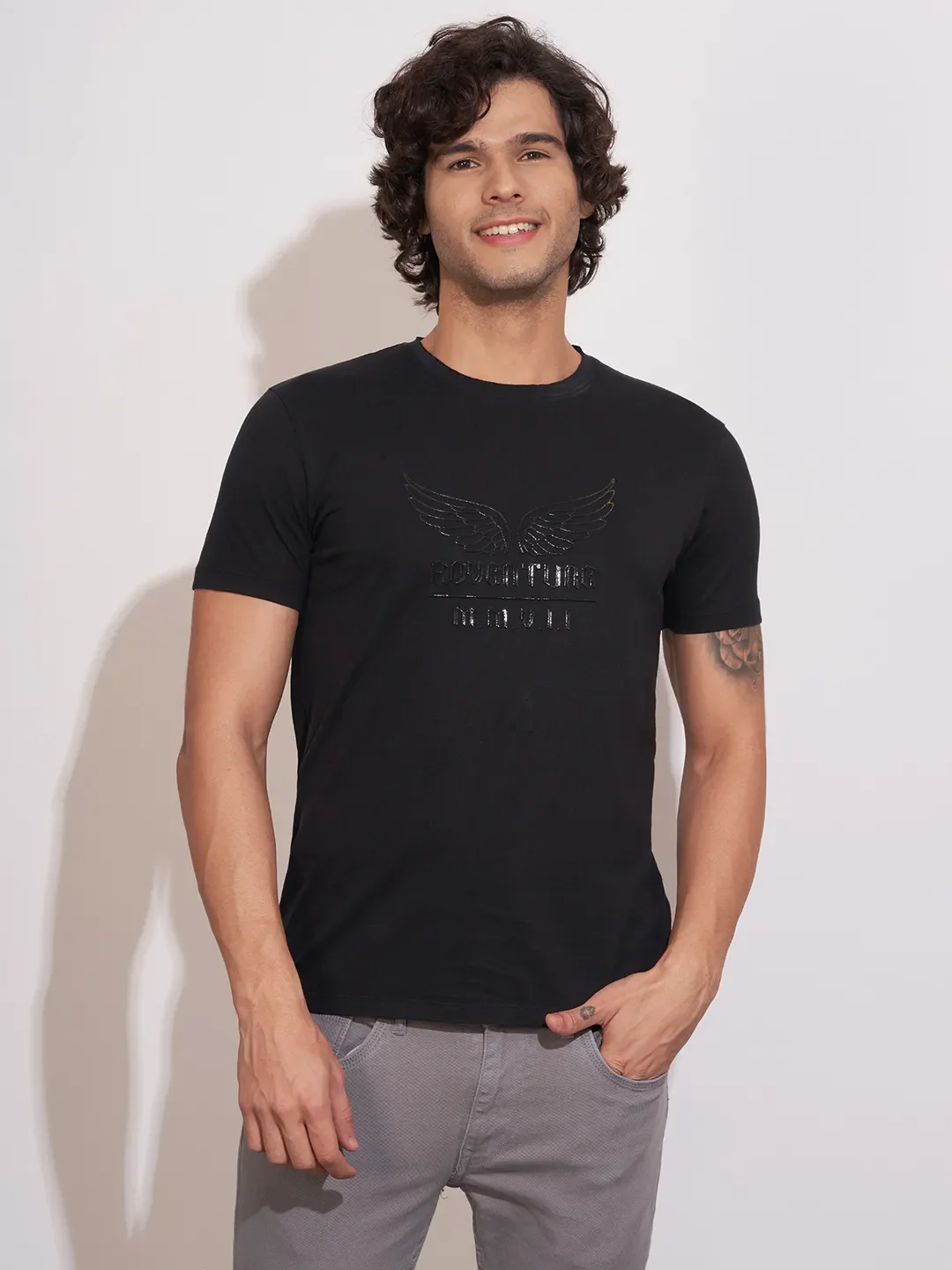 Black Moderno Fit Round Neck Men's T-Shirt by Being Human Clothing