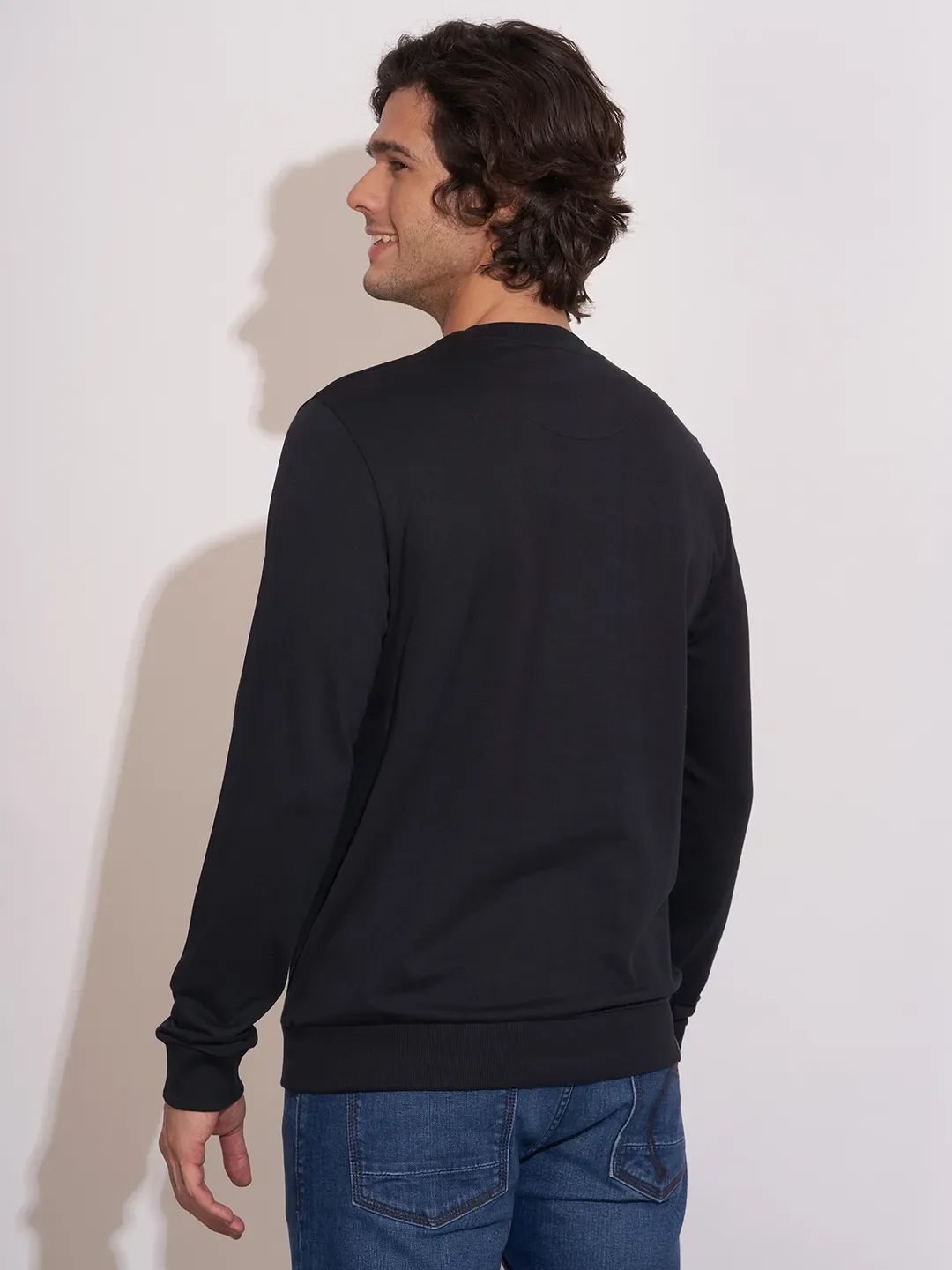 Black Moderno Fit Round Neck Long Sleeves Cotton Men's Sweatshirt by Being Human Clothing - Image 3