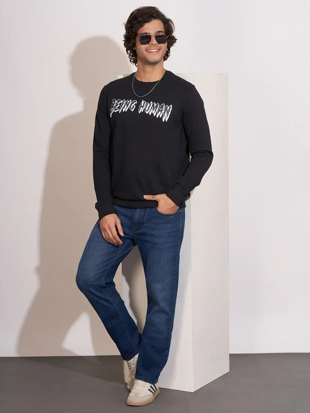 Black Moderno Fit Round Neck Long Sleeves Cotton Men's Sweatshirt by Being Human Clothing - Image 4