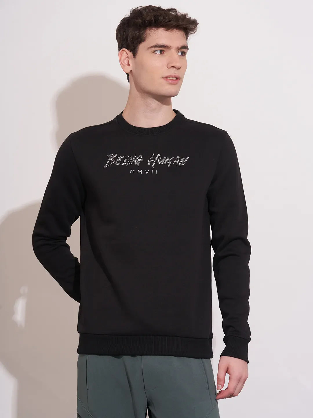 Black Regular Fit Round Neck Men's Sweatshirt by Being Human Clothing
