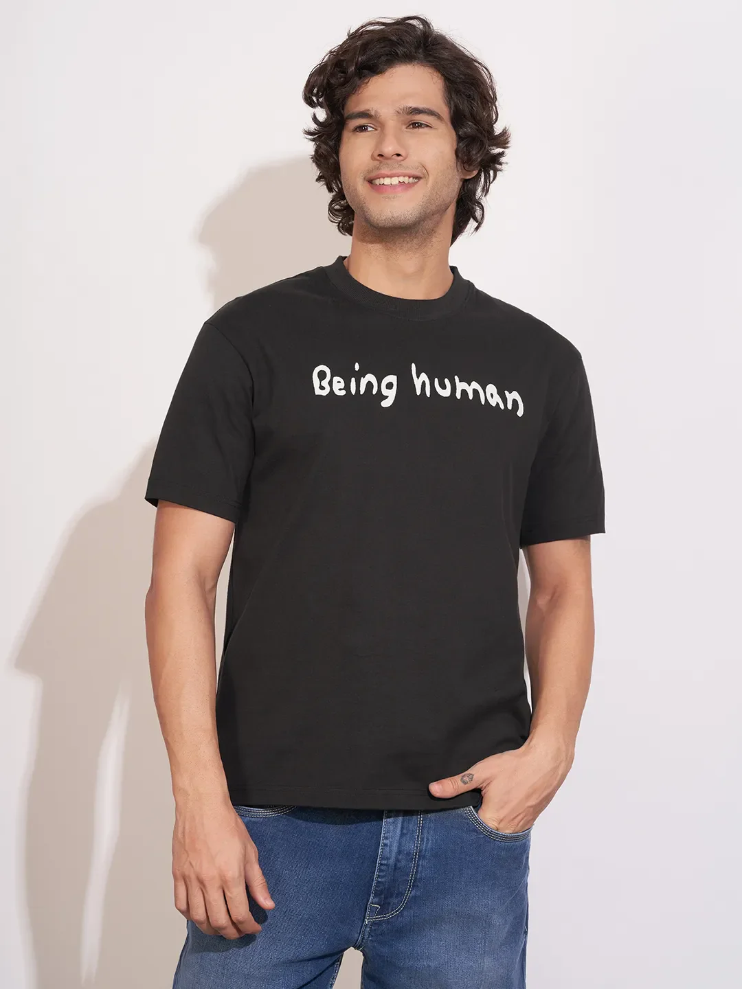 Black Easy Fit Round Neck Men's T-Shirt by Being Human Clothing