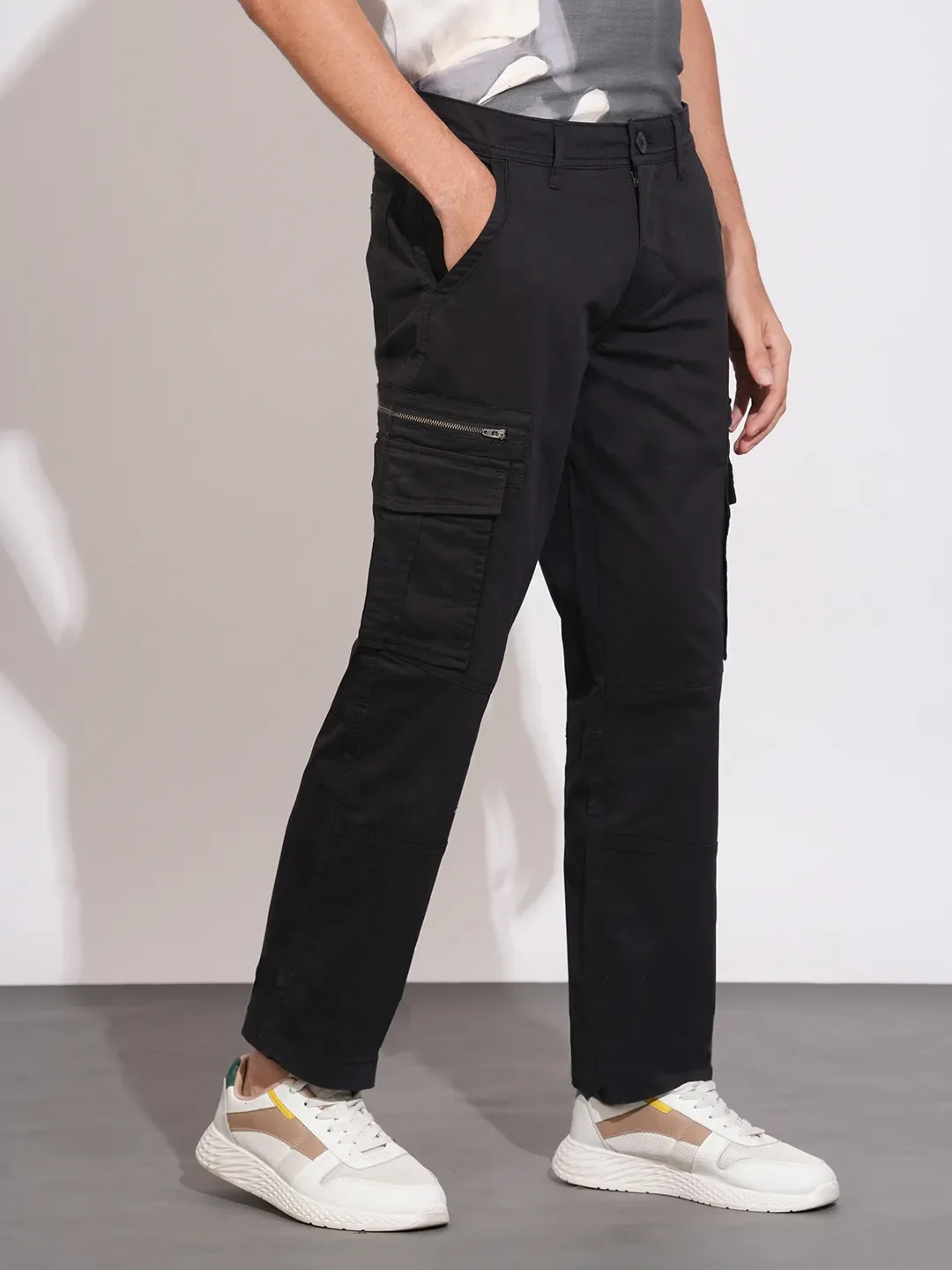 Black Regular Fit Cargos for Men By Being Human Clothing - Image 2