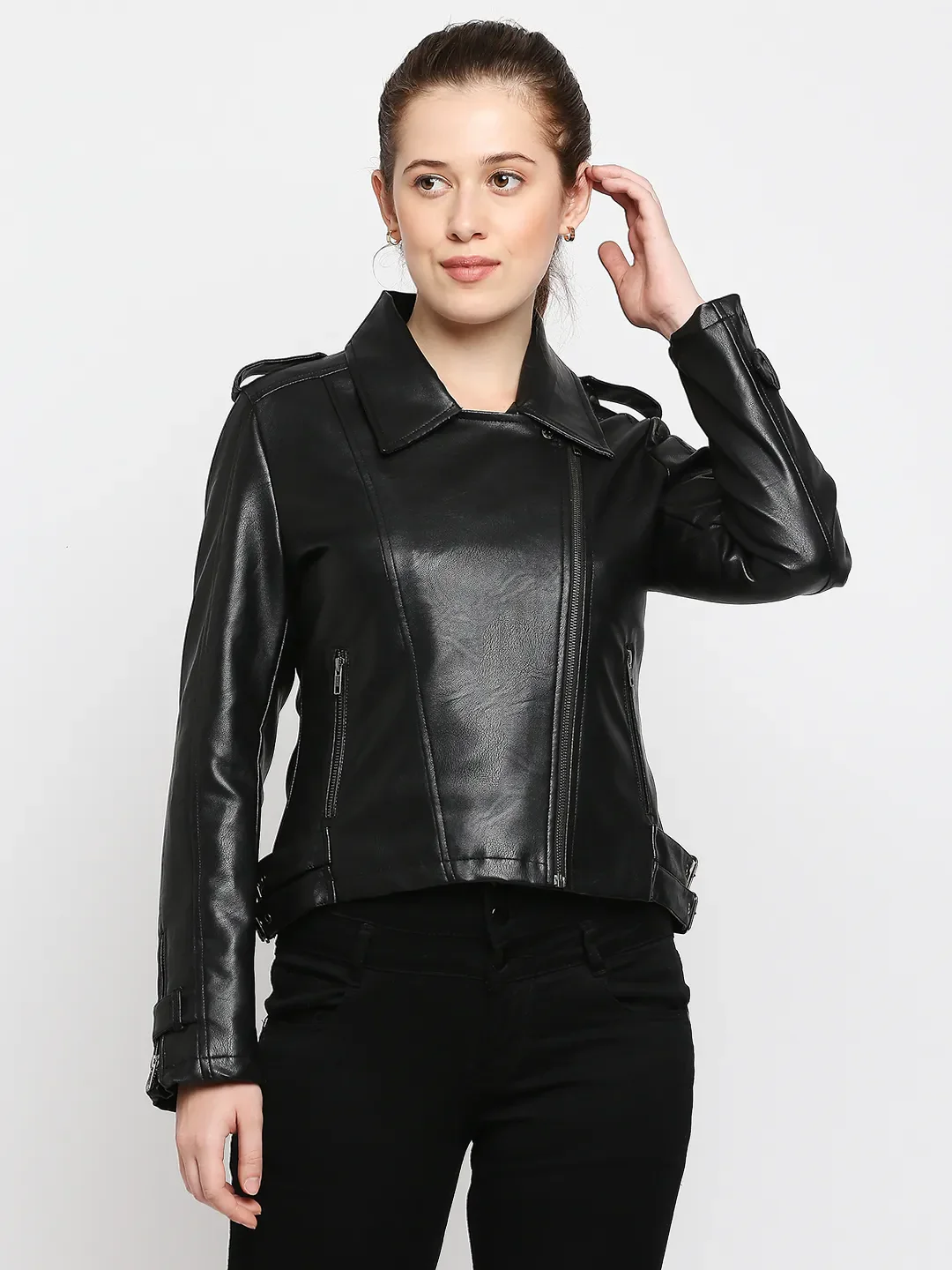 Black Regular Fit Long Sleeves Pu Women's Jacket by Being Human Clothing