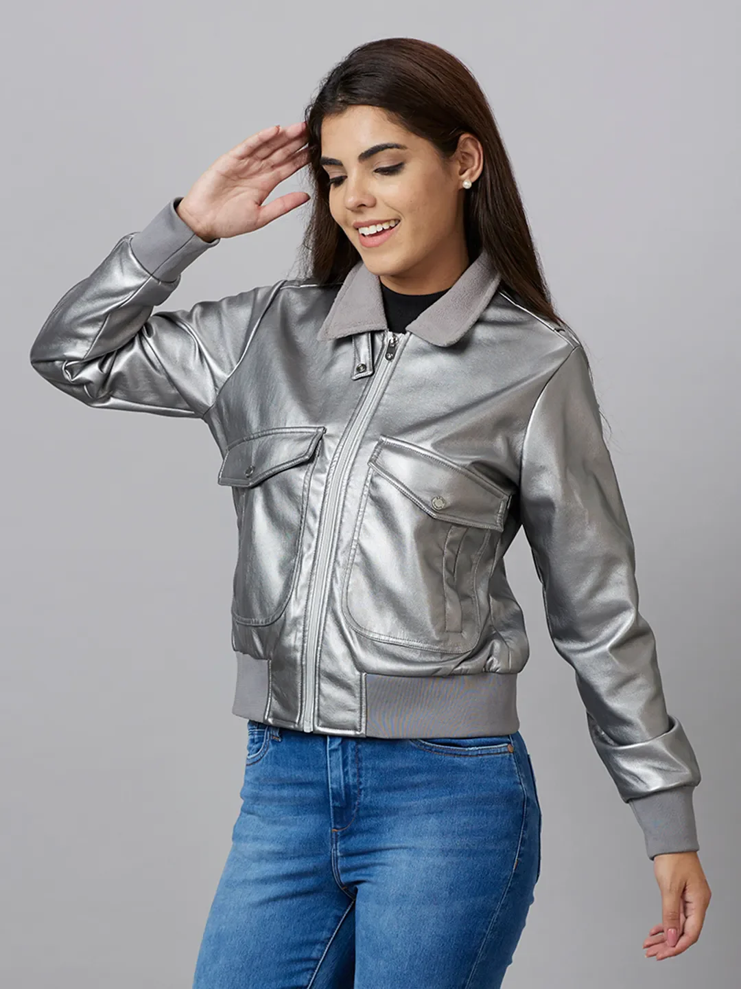 Silver Bomber Semi Fit Long Sleeve Women's Jacket By Being Human Clothing - Image 4