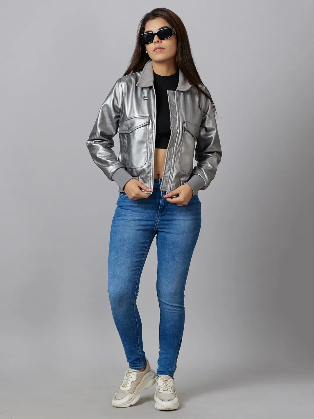 Silver Bomber Semi Fit Long Sleeve Women's Jacket By Being Human Clothing - Image 6
