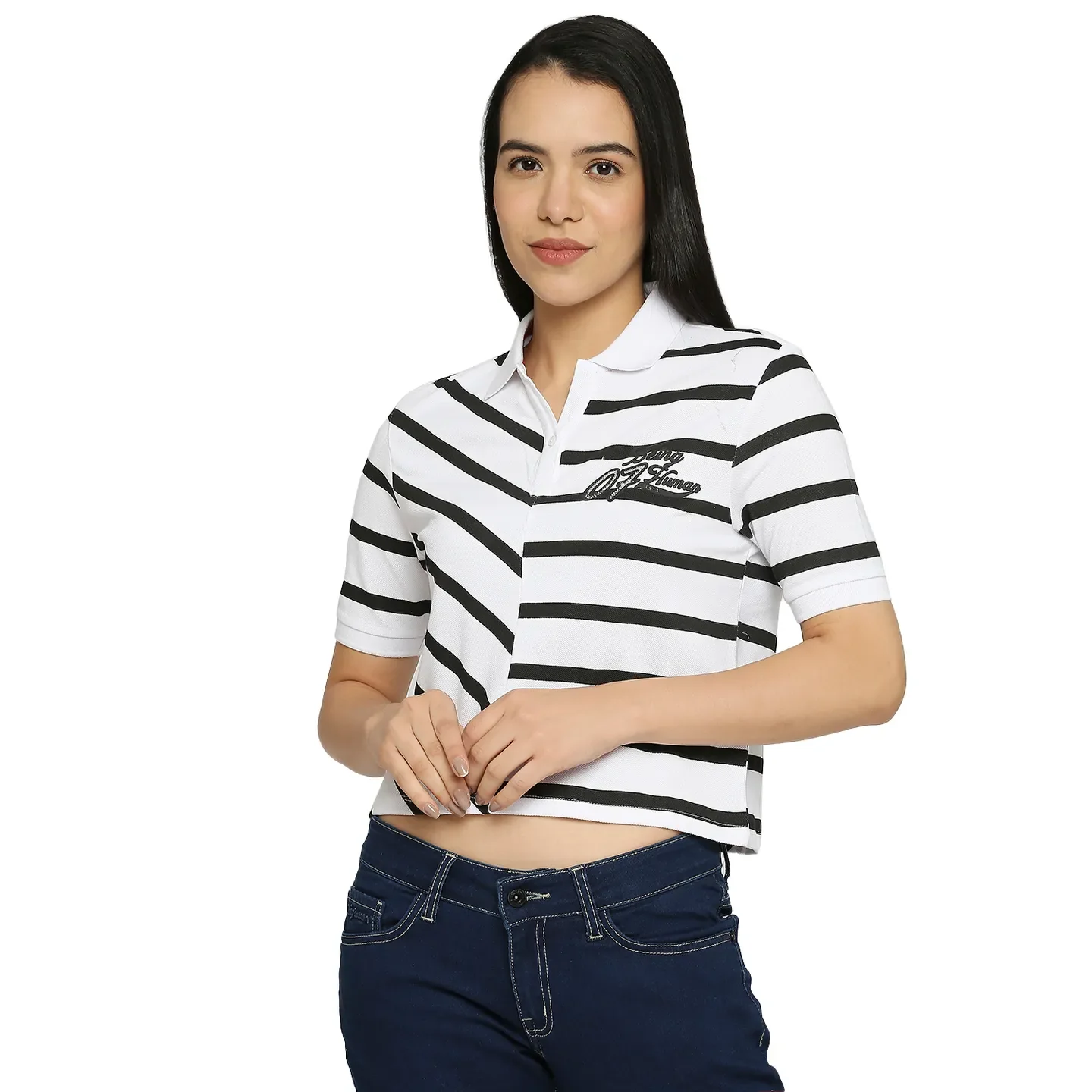 White Boxy Fit Polo Collar Short Sleeves Cotton Women's T-Shirt by Being Human Clothing - Image 2