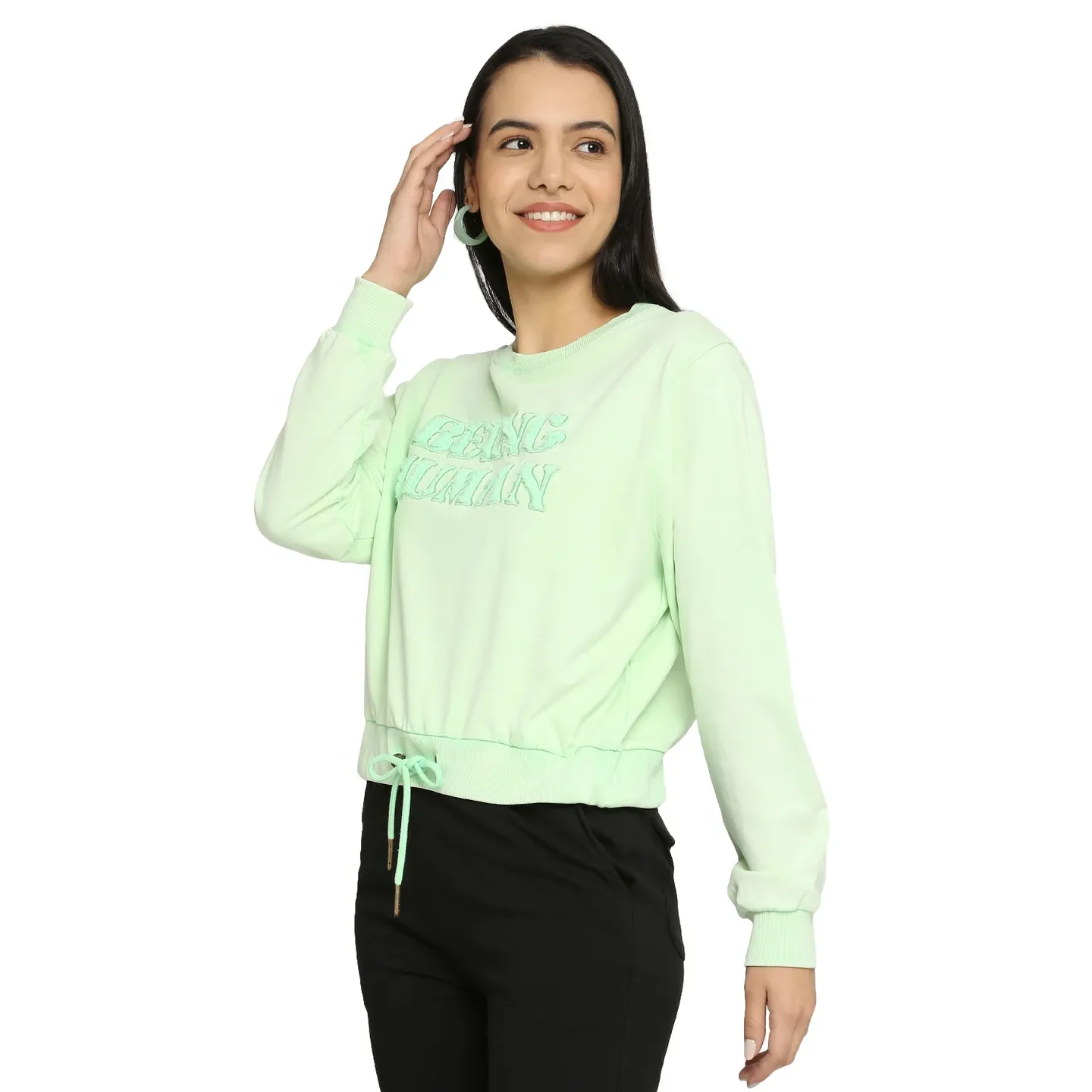 Green Boxy Fit Round Neck Long Sleeves Cotton Women's Sweatshirt by Being Human Clothing - Image 2