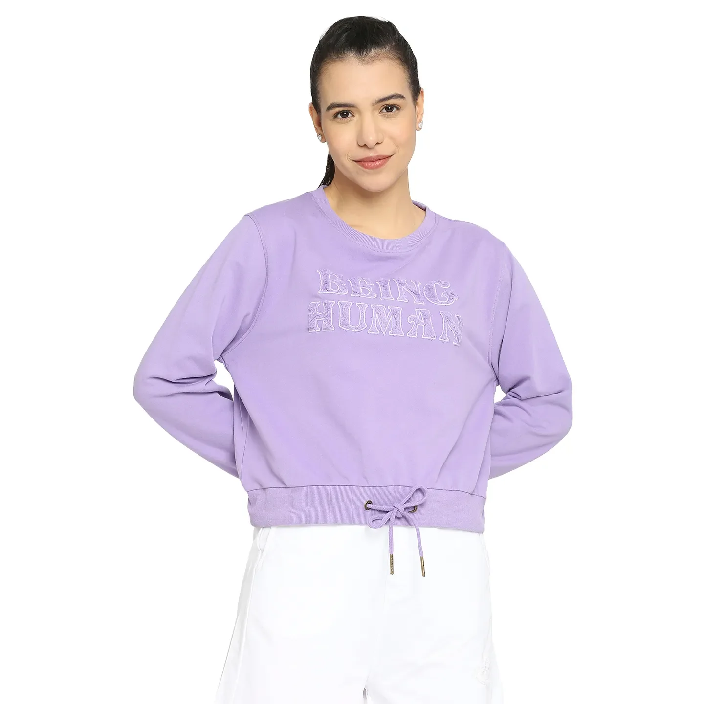 Beige Boxy Fit Round Neck Long Sleeves Cotton Women's Sweatshirt by Being Human Clothing