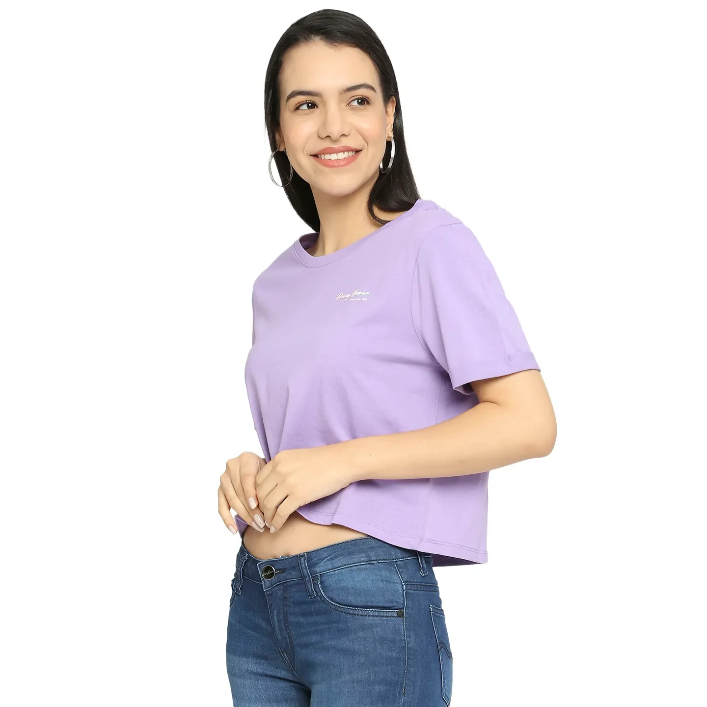 Beige Boxy Fit Round Neck Short Sleeves Cotton Women's T-Shirt by Being Human Clothing - Image 2
