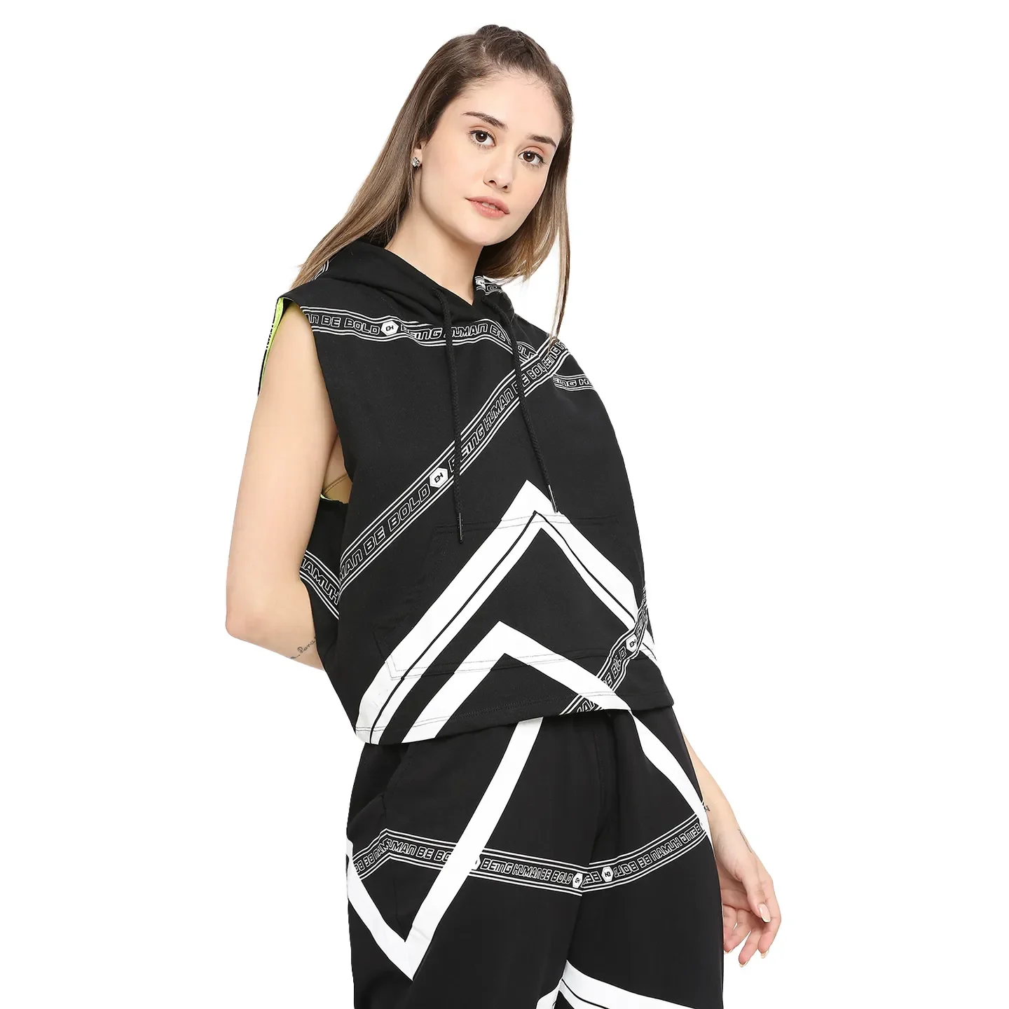 Black Boxy Fit Women's Sleeveless Cropped Hoodie By Being Human Clothing - Image 3