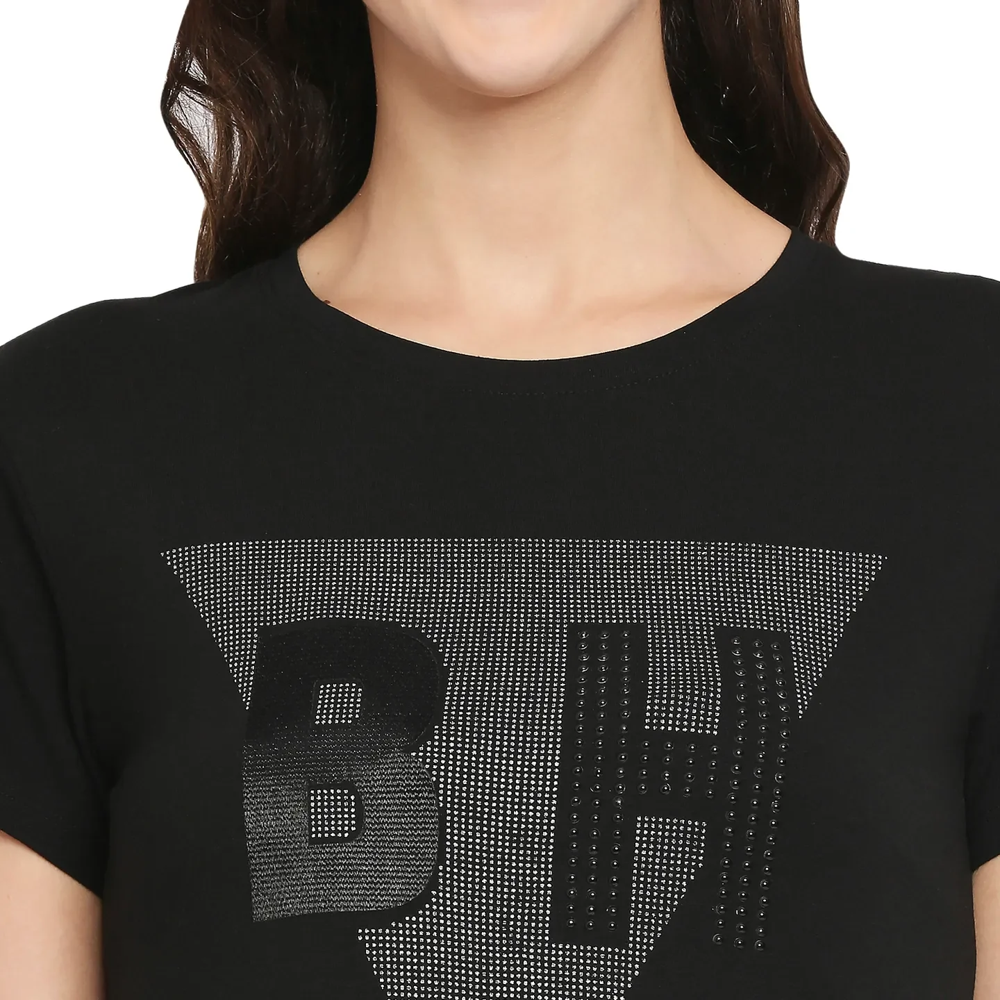 Black Slim Straight Fit Round Neck Short Sleeves Cotton Women's T-Shirt by Being Human Clothing - Image 4