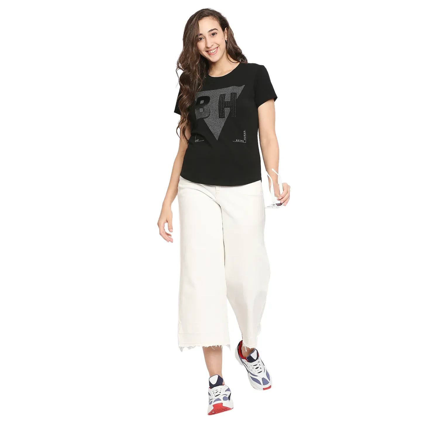 Black Slim Straight Fit Round Neck Short Sleeves Cotton Women's T-Shirt by Being Human Clothing - Image 5