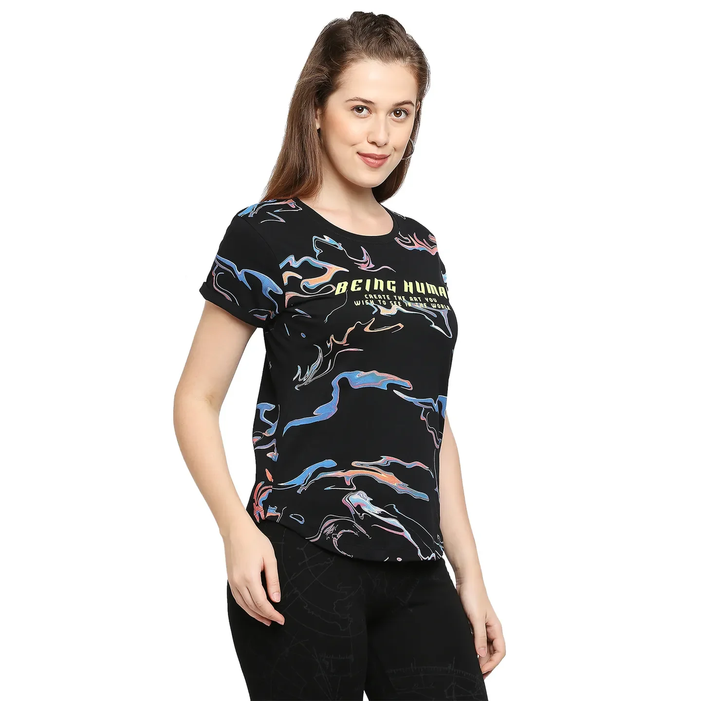 Black Easy Fit Round Neck Short Sleeves Cotton Women's T-Shirt by Being Human Clothing - Image 3