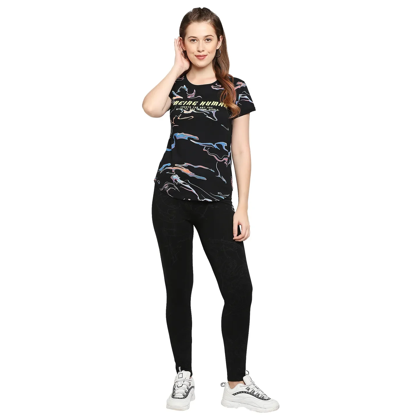 Black Easy Fit Round Neck Short Sleeves Cotton Women's T-Shirt by Being Human Clothing - Image 6