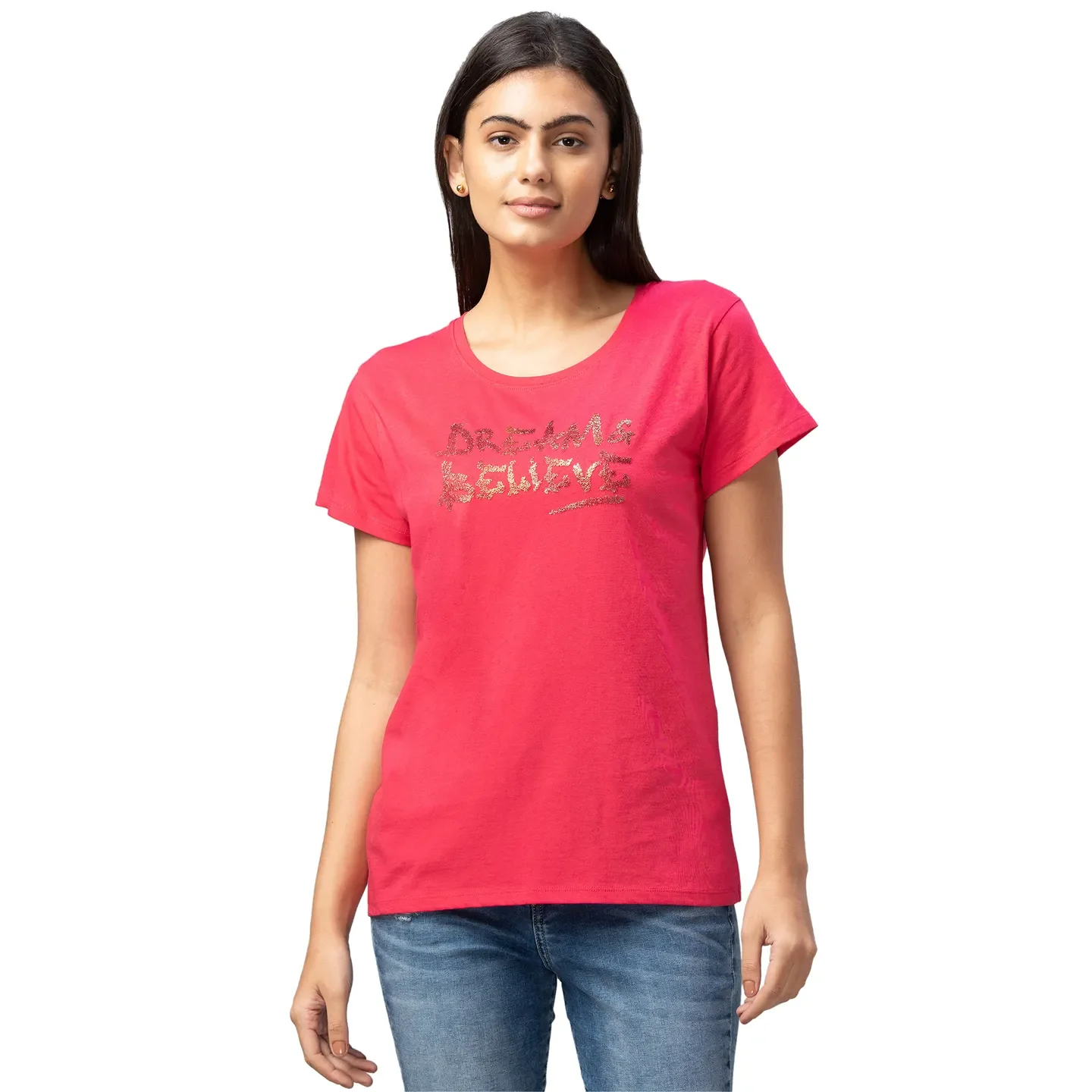 Red Easy Fit Round Neck Short Sleeves Cotton Women's T-Shirt by Being Human Clothing