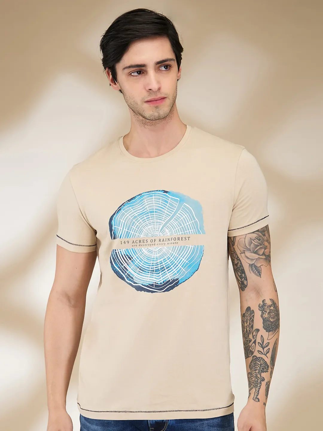 Beige Slim Fit Men's Short Sleeves T-Shirt by Being Human Clothing
