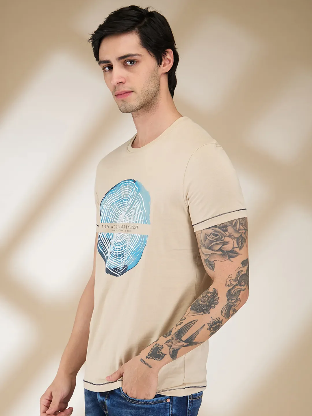 Beige Slim Fit Men's Short Sleeves T-Shirt by Being Human Clothing - Image 4