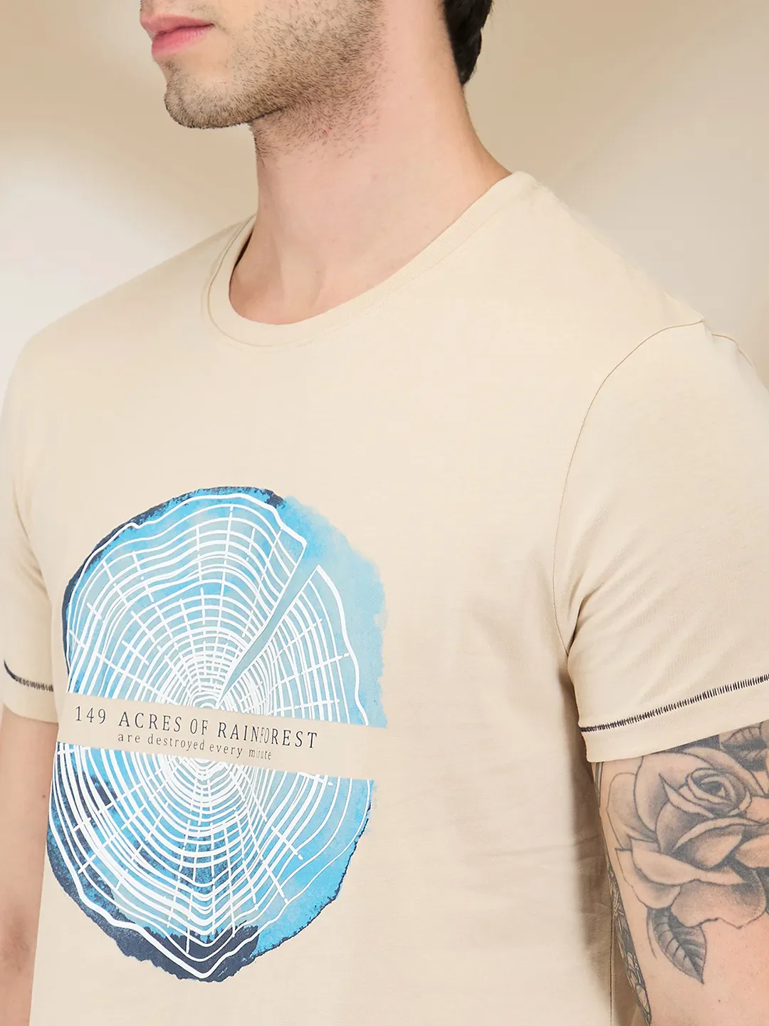 Beige Slim Fit Men's Short Sleeves T-Shirt by Being Human Clothing - Image 5