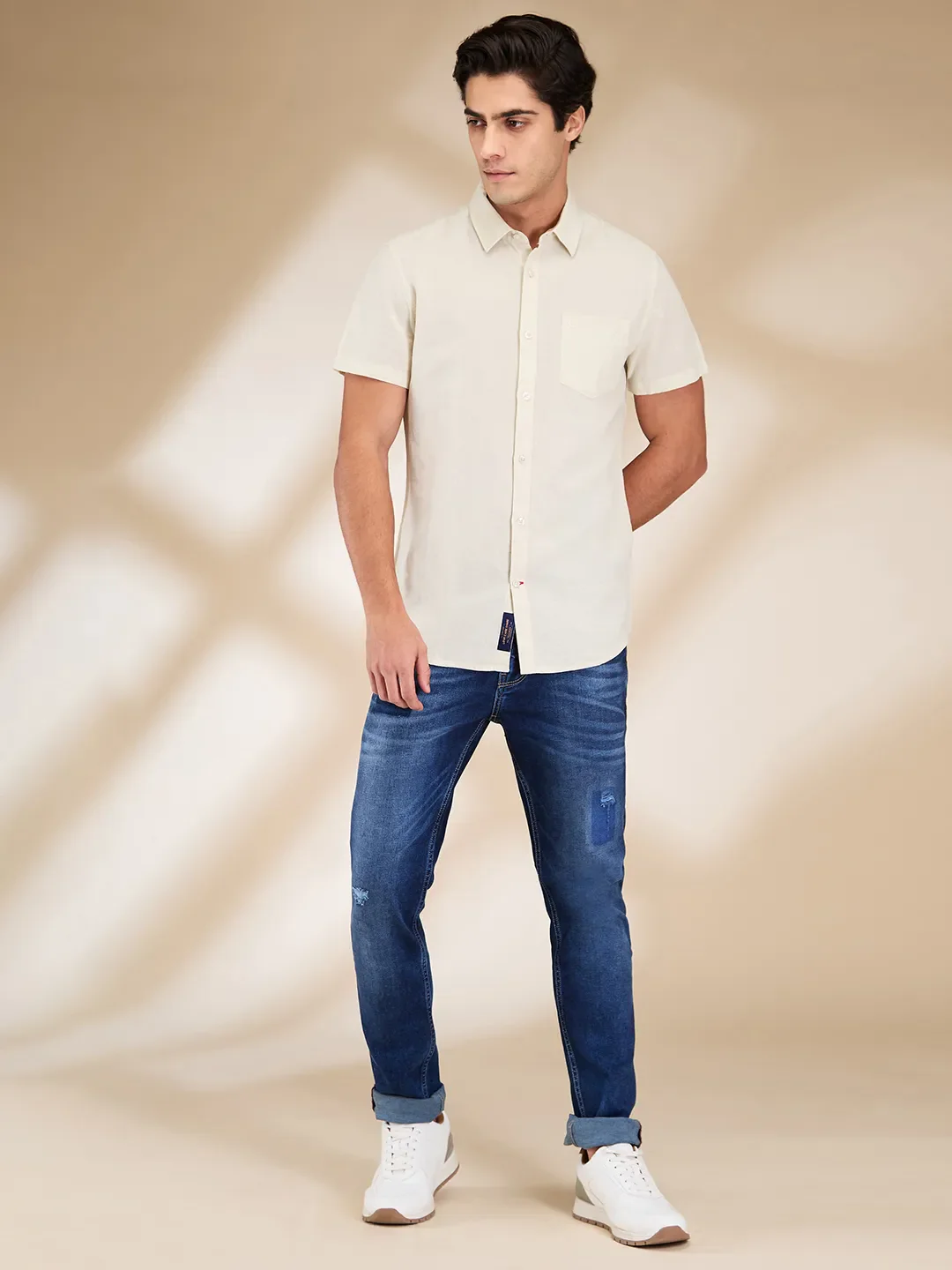 Beige Slim Fit Regular Collar Men's Shirt by Being Human Clothing - Image 2