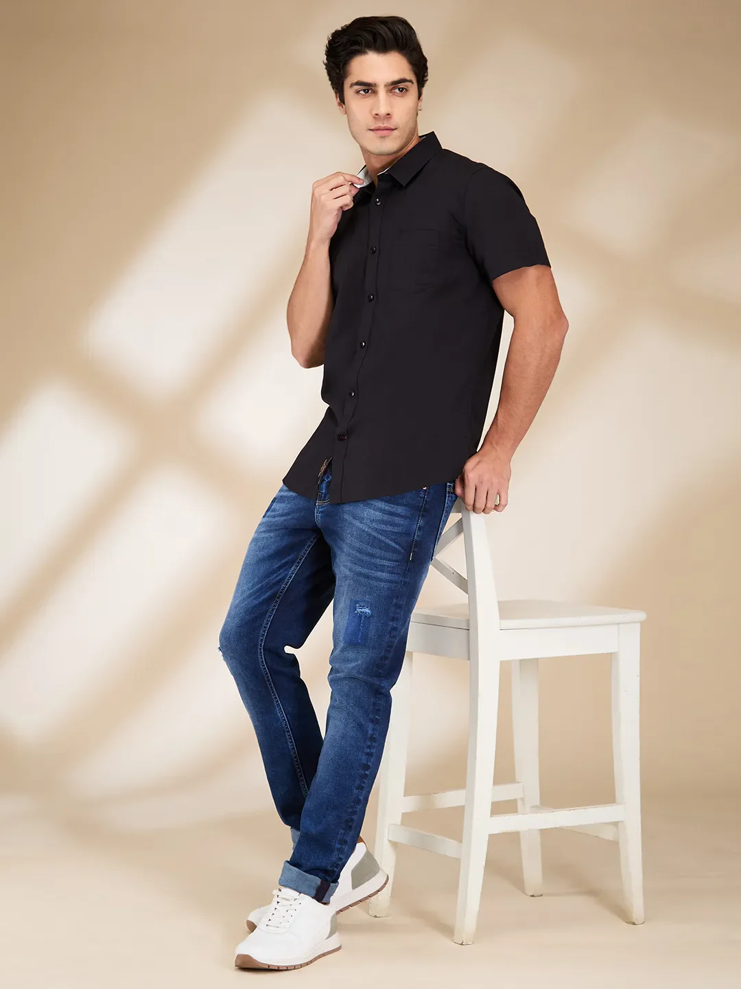 Black Slim Fit Regular Collar Men's Shirt by Being Human Clothing - Image 6
