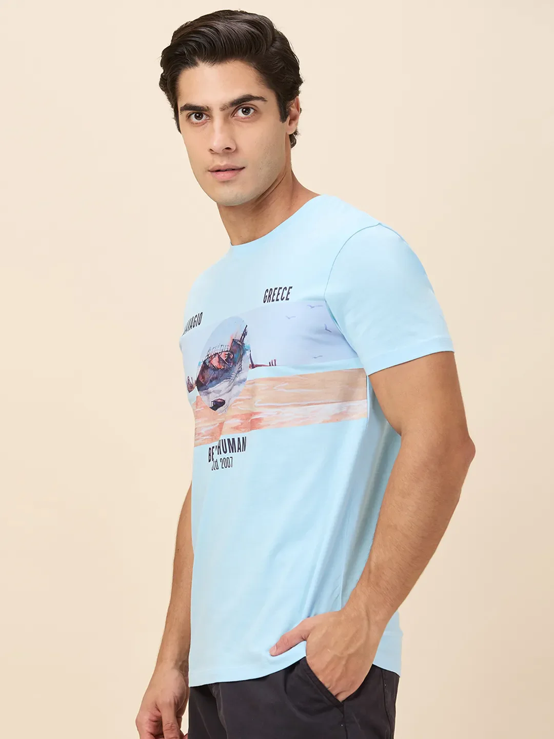 Sky Blue Slim Fit Round Neck Men's T-Shirt by Being Human Clothing - Image 4