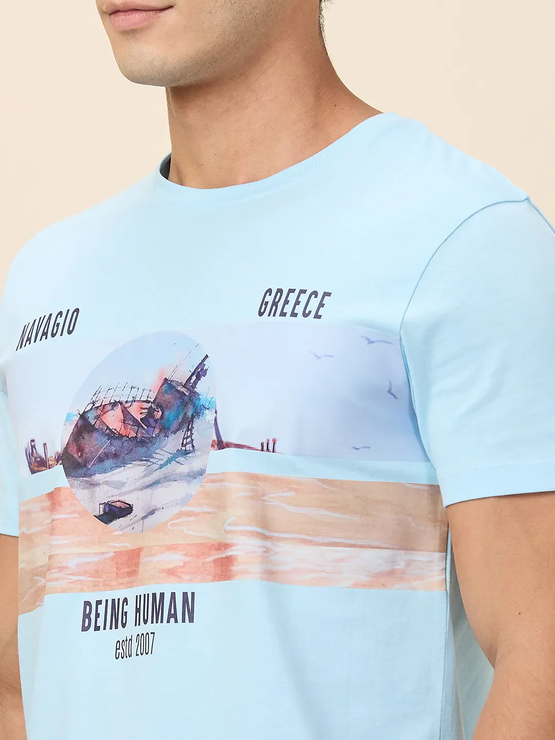 Sky Blue Slim Fit Round Neck Men's T-Shirt by Being Human Clothing - Image 5