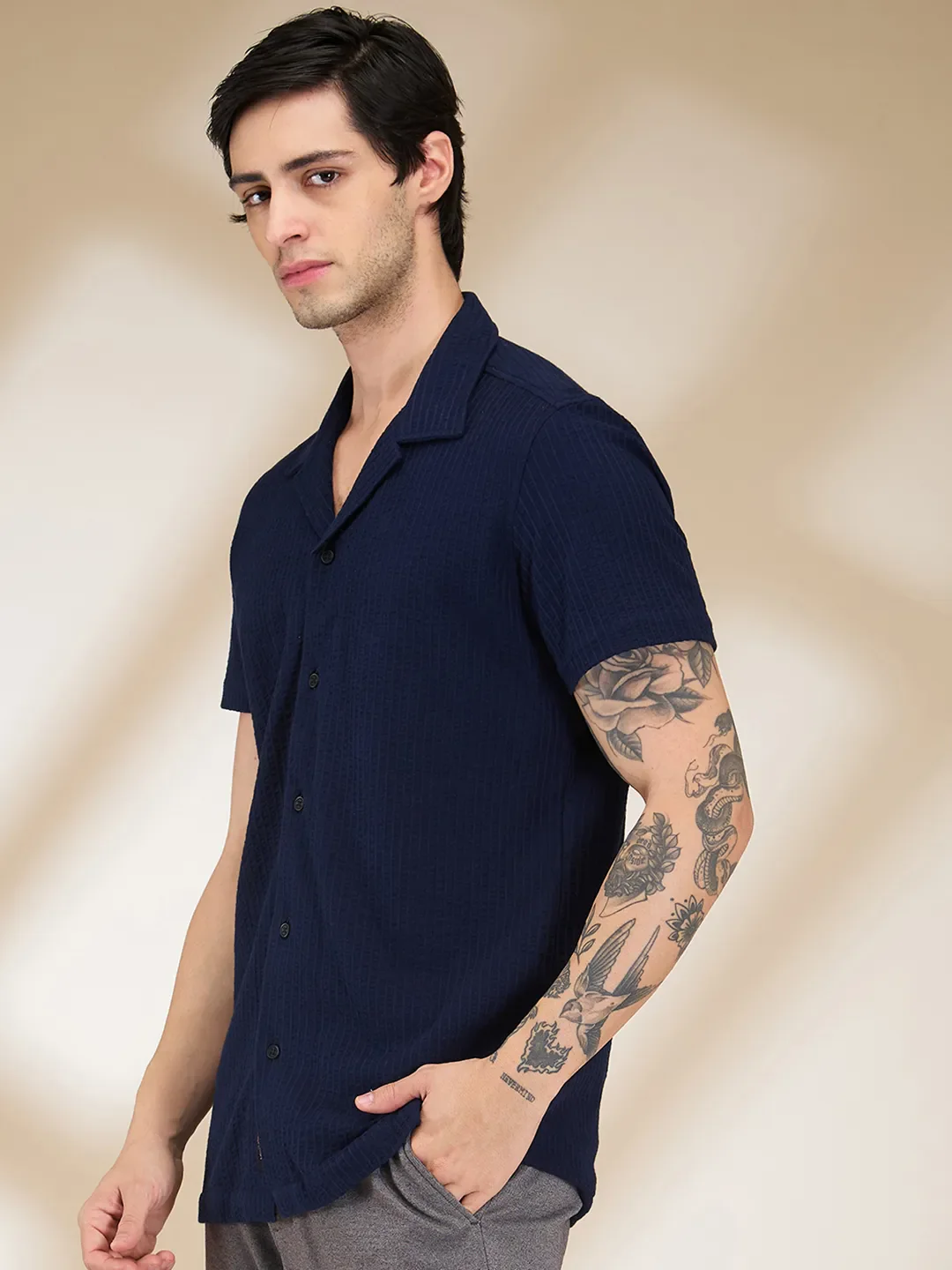 Blue Moderno Fit Regular Collar Short Sleeves Men's Shirt by Being Human Clothing - Image 4