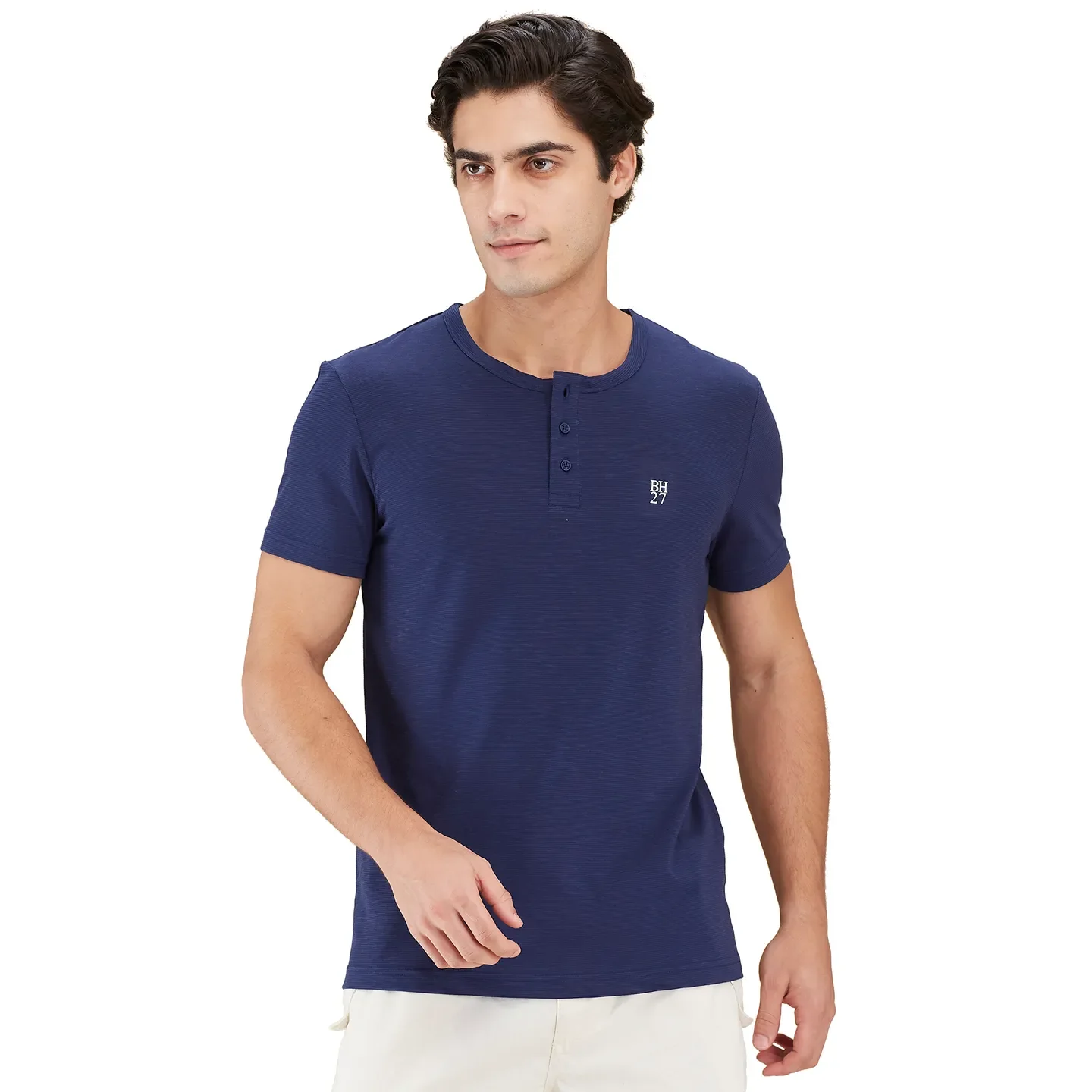 Midnight Blue Slim Fit Henley Neck Men's T-Shirt by Being Human Clothing
