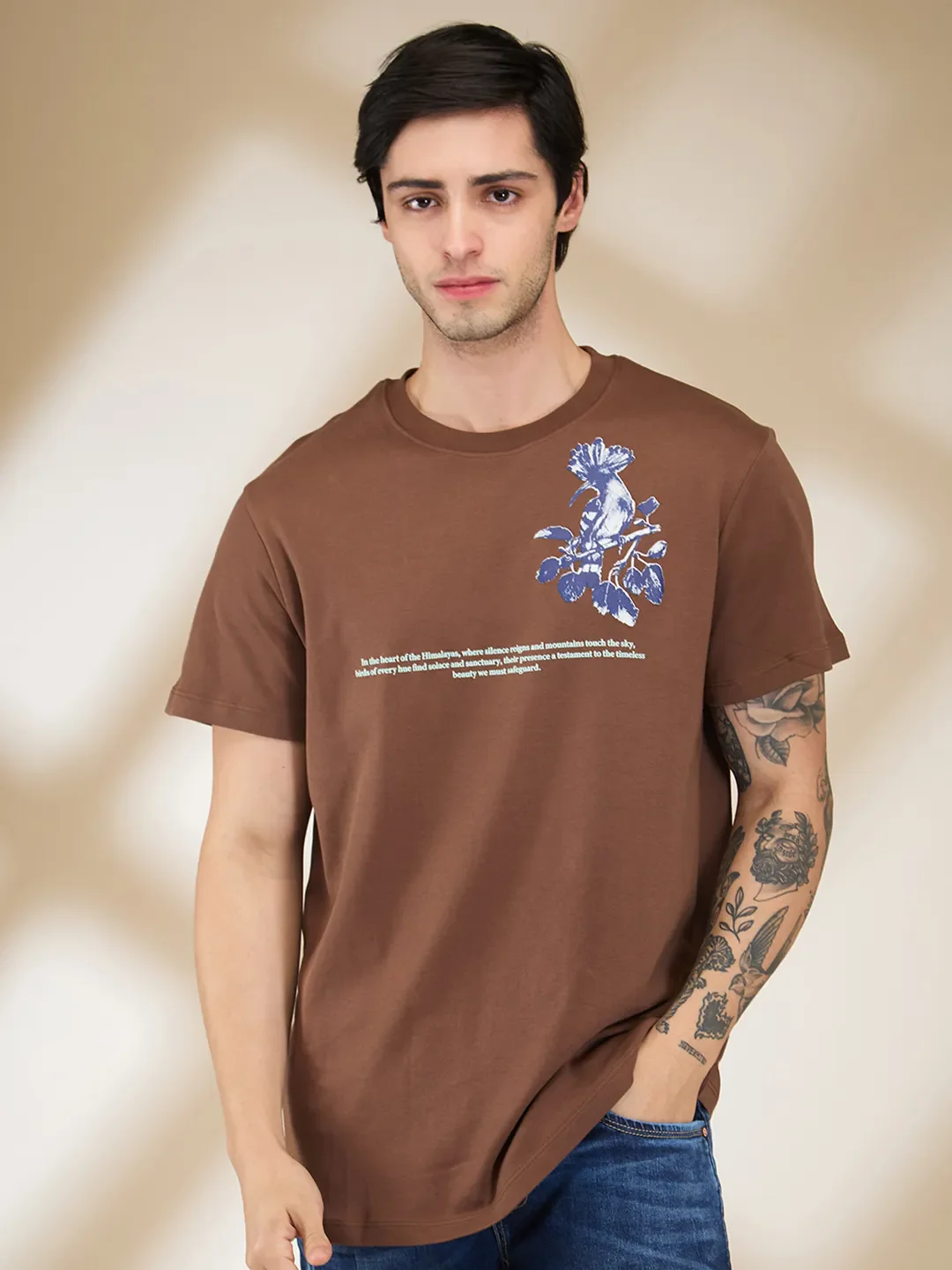 Brown Easy Fit Round Neck Men's T-Shirt by Being Human Clothing