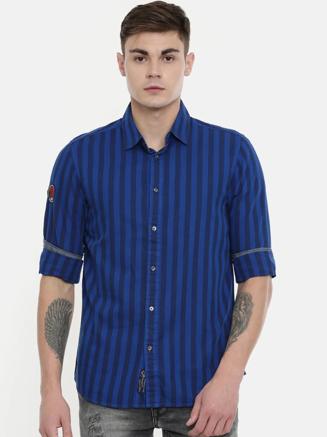 Blue Comfort Fit Regular Collar Long Sleeves Cotton Men's Shirt by Being Human Clothing