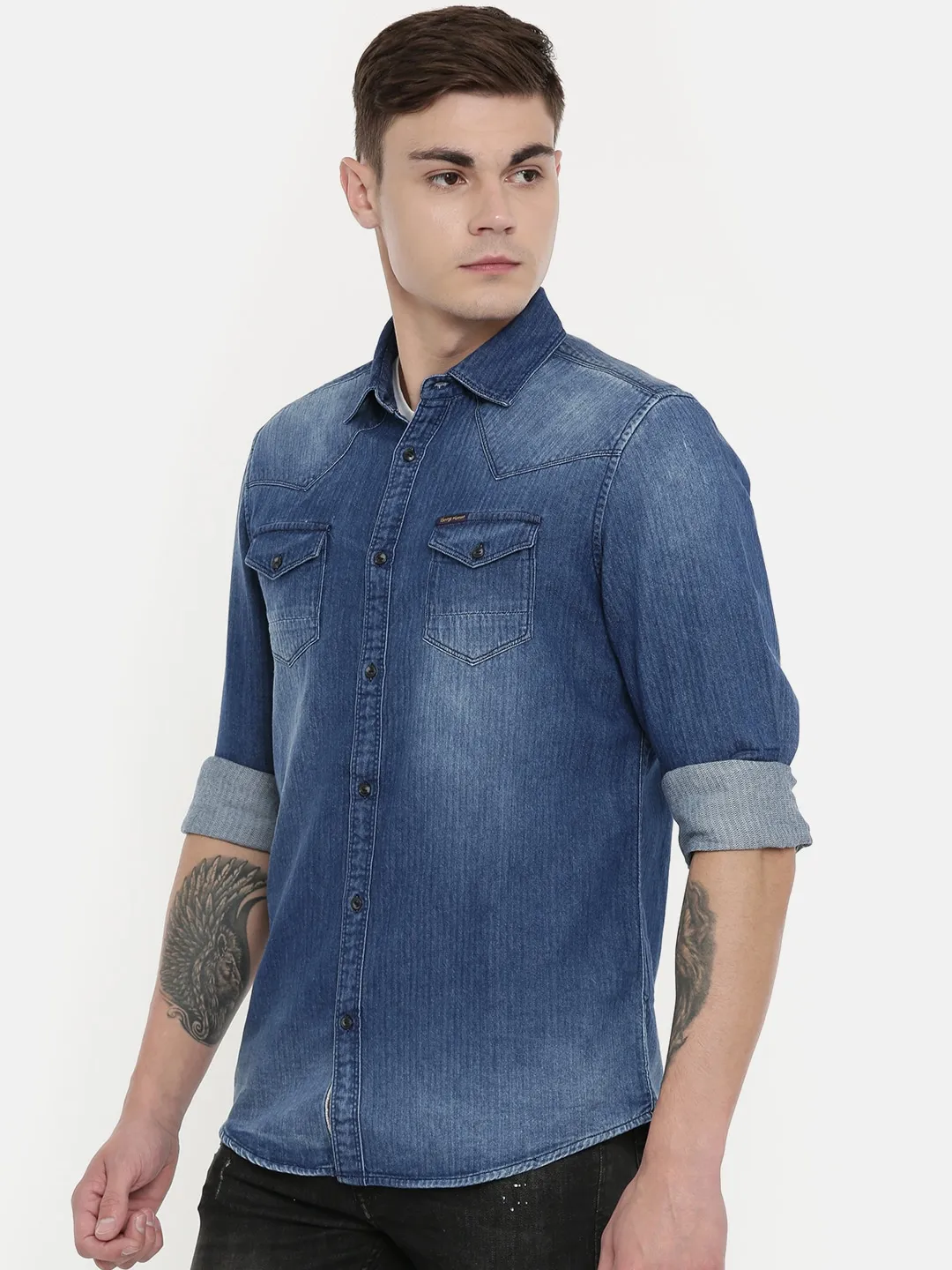 Blue Comfort Fit Regular Collar Long Sleeves Cotton Men's Shirt by Being Human Clothing - Image 2