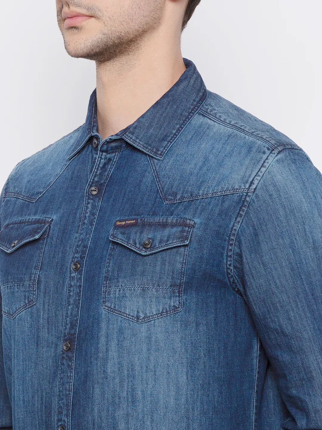 Blue Comfort Fit Regular Collar Long Sleeves Cotton Men's Shirt by Being Human Clothing - Image 2