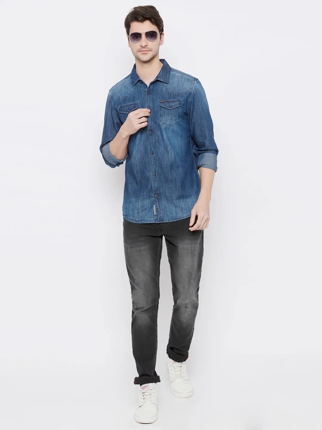 Blue Comfort Fit Regular Collar Long Sleeves Cotton Men's Shirt by Being Human Clothing - Image 4