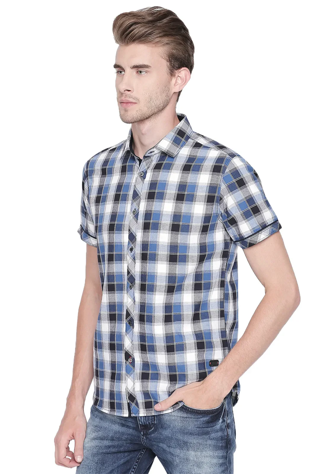 Blue Comfort Fit Regular Collar Short Sleeves Cotton Men's Shirt by Being Human Clothing - Image 5