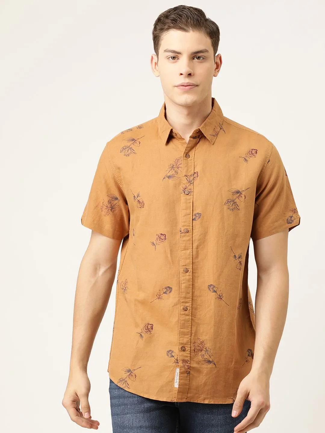 Brown Regular Fit Regular Collar Short Sleeves Linen Men's Shirt by Being Human Clothing