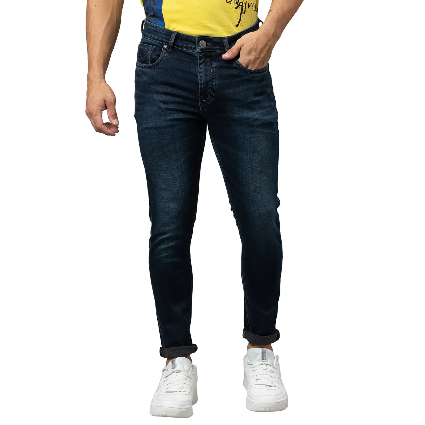 Dark Blue Cropped Fit Denims For Men By Being Human Clothing