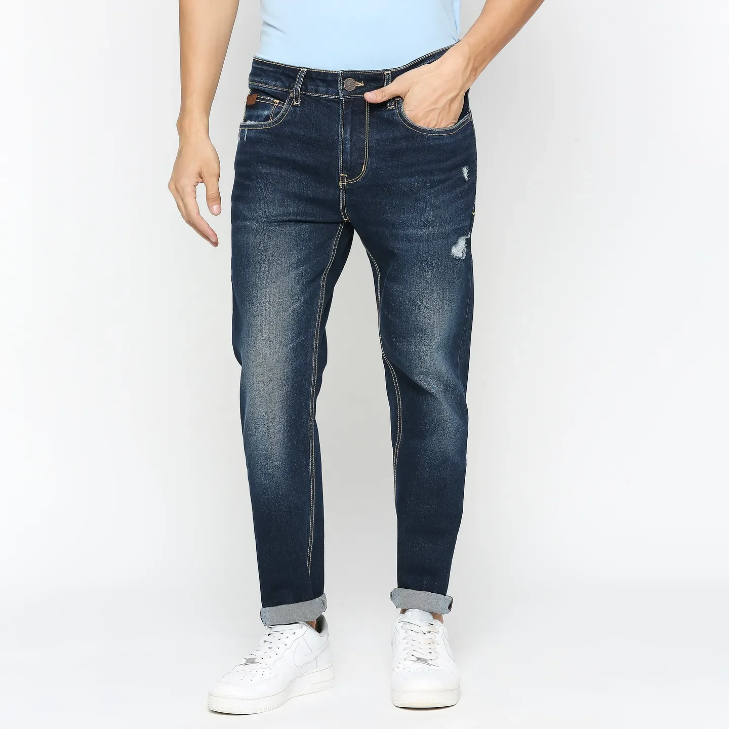 Dark Blue Cropped Fit Denims For Men By Being Human Clothing