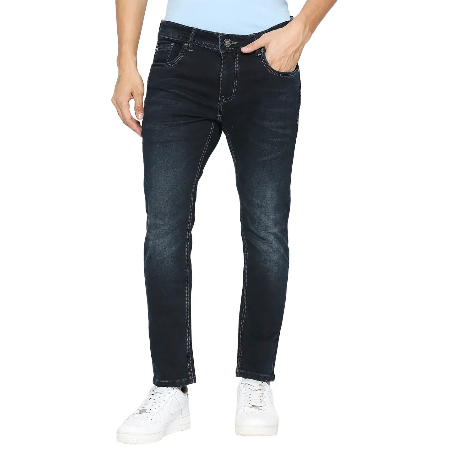 Dark Blue Cropped Fit Denims For Men By Being Human Clothing