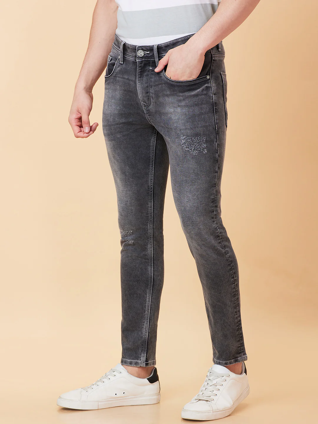 Grey Cropped Fit Denims For Men By Being Human Clothing - Image 4