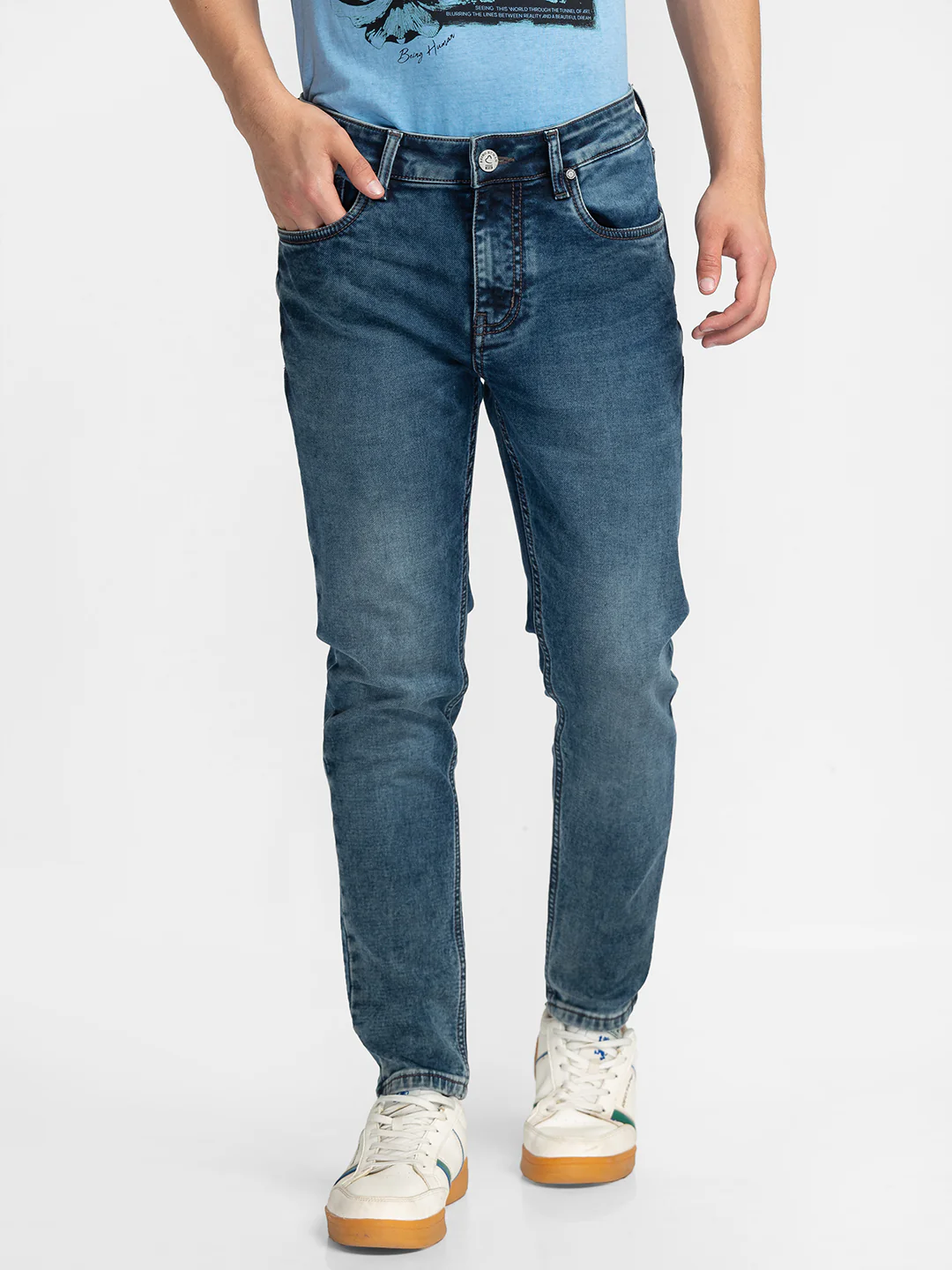 Blue Cropped Fit Denims For Men By Being Human Clothing
