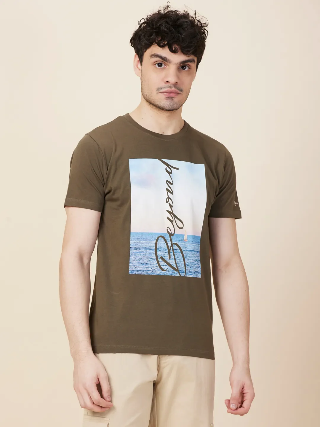 Olive Slim Fit Round Neck Men's T-Shirt by Being Human Clothing