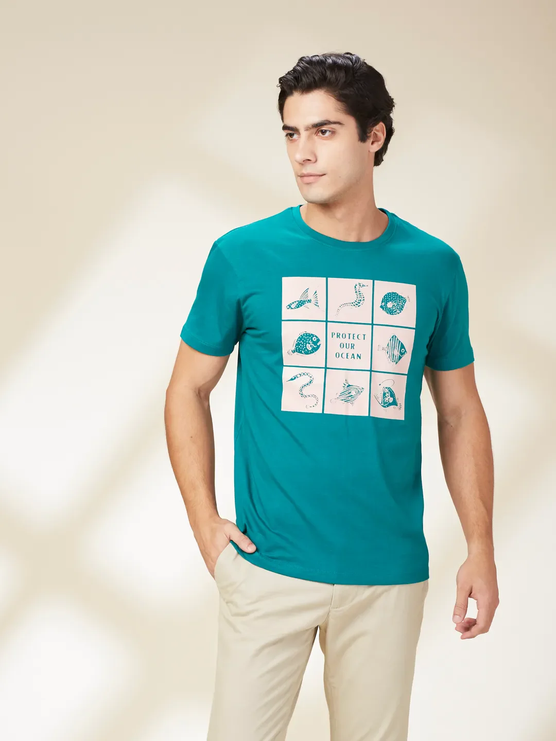 Green Lake Slim Fit Round Neck Men's T-Shirt by Being Human Clothing