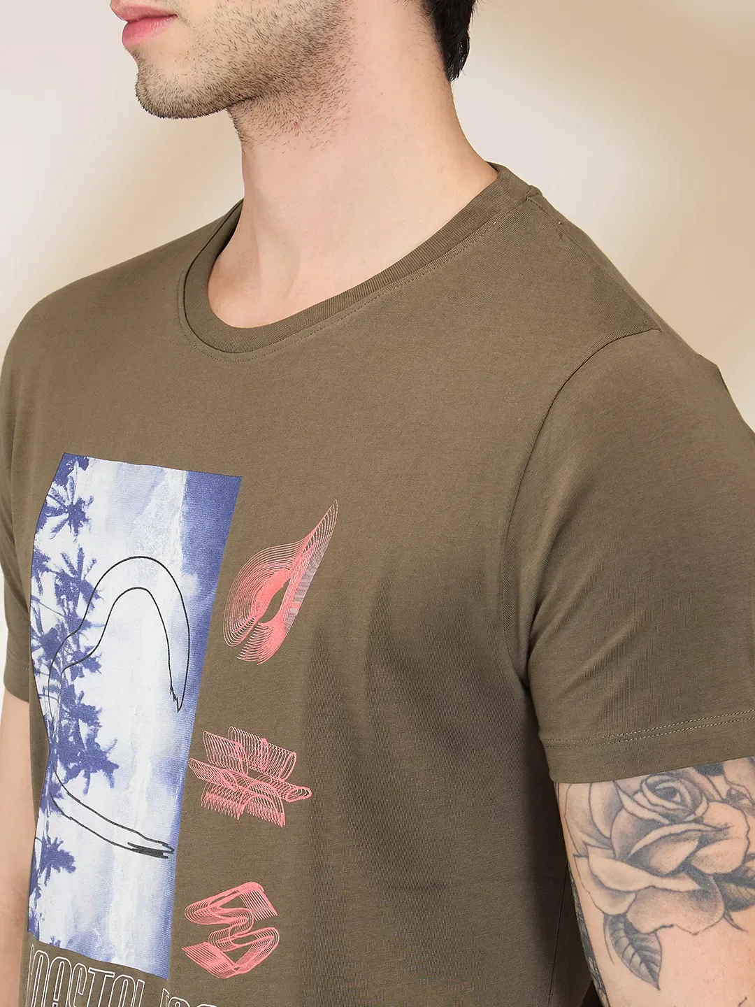 Olive Slim Fit Round Neck Men's T-Shirt by Being Human Clothing - Image 5