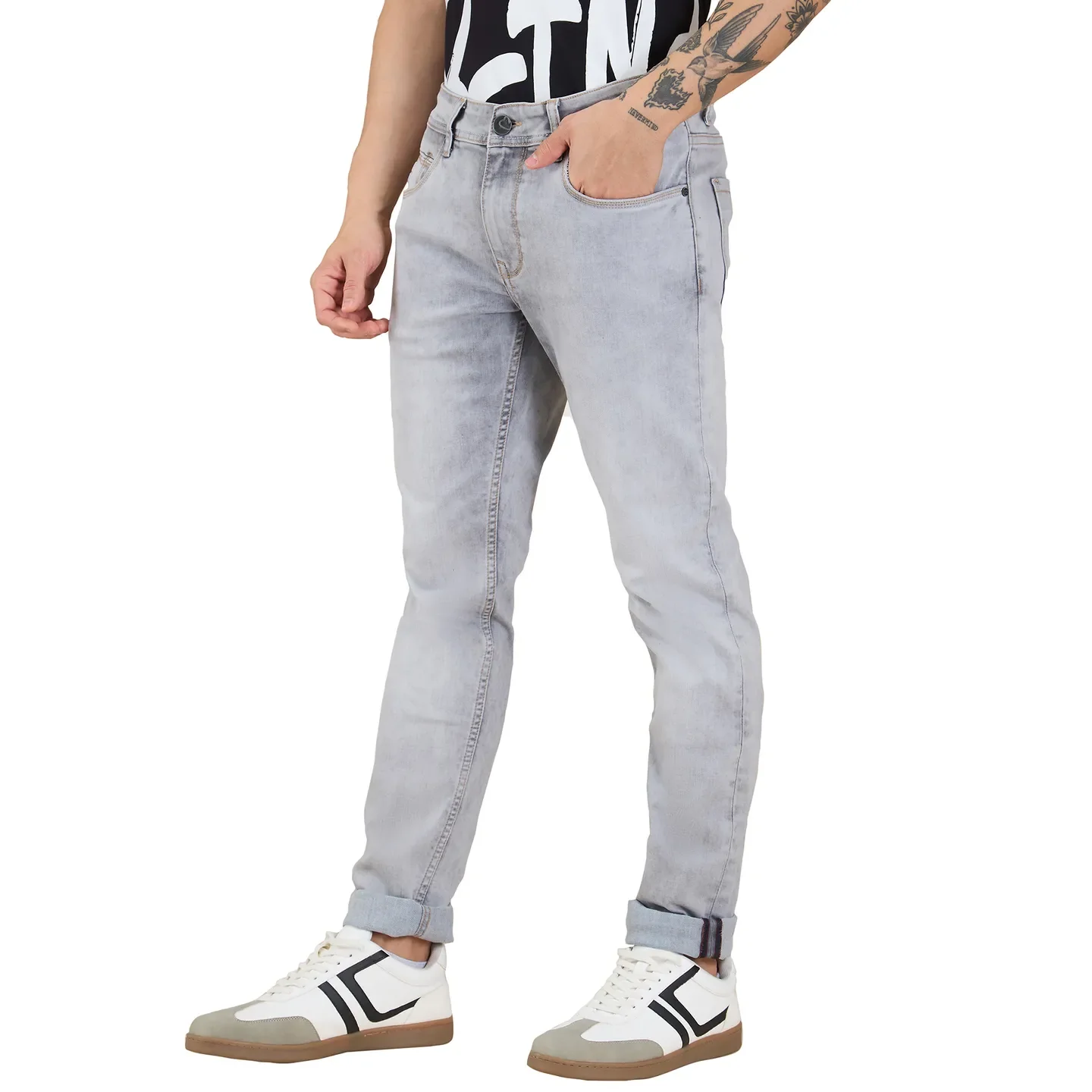 Grey Skinny Fit Denims For Men By Being Human Clothing - Image 4