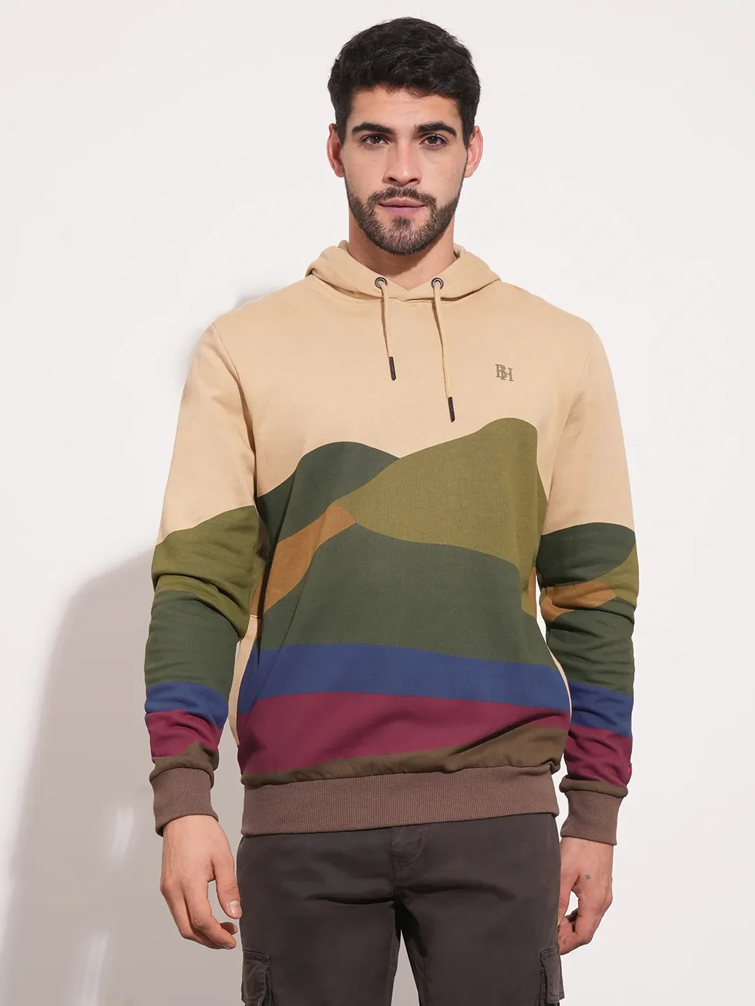 Beige Regular Fit Round Neck Long Sleeves Men's Hoodie by Being Human Clothing