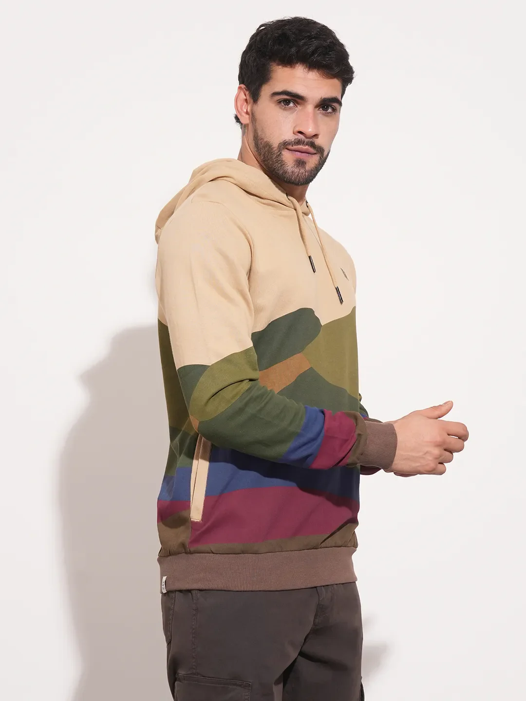 Beige Regular Fit Round Neck Long Sleeves Men's Hoodie by Being Human Clothing - Image 3