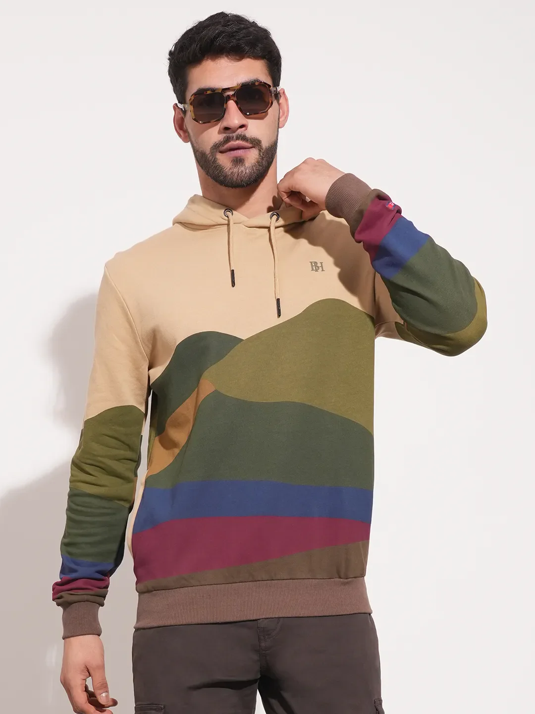 Beige Regular Fit Round Neck Long Sleeves Men's Hoodie by Being Human Clothing - Image 6