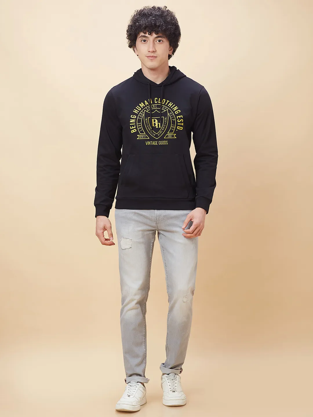 Black Regular Fit  Long Sleeves Men's Hoodie by Being Human Clothing - Image 5